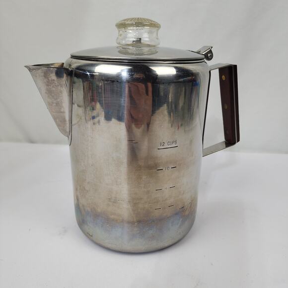 Stainless Steel 18/8 12-Cup Camping Coffee Percolator Non-Electric Wood Handle - Picture 4 of 12